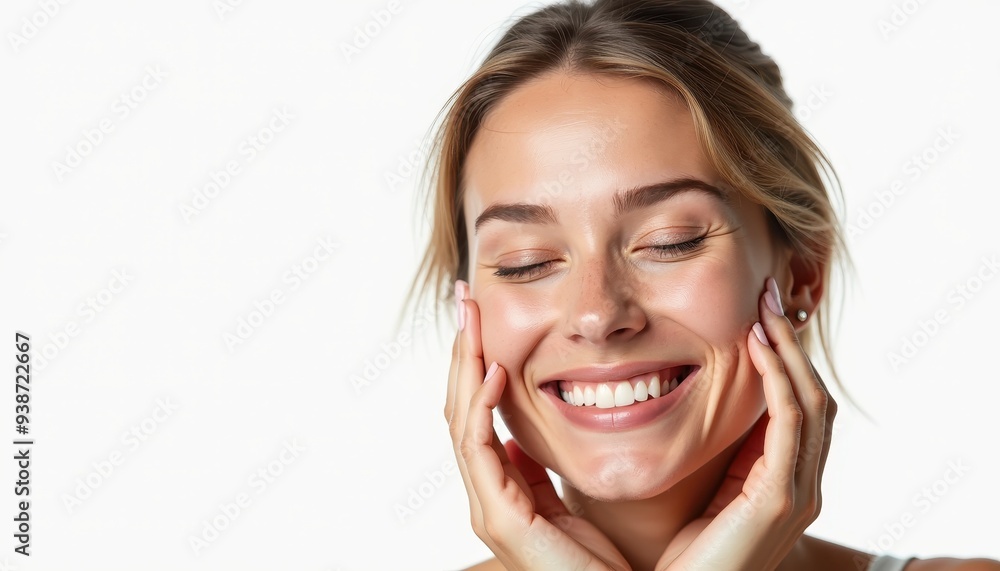 Smiling young woman with closed eyes and hands on her cheeks, appearing joyful and content in a close-up shot. Smiling young woman with closed eyes and hands on her cheeks, appearing joyful and content in a close-up shot.