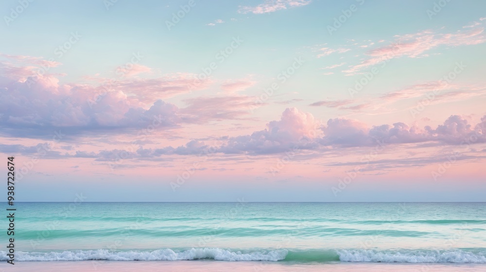 Serene ocean waves gently lapping against a tranquil beach under a pastel-hued sunset sky. Calming seascape with soft, pink and blue colors, perfect for relaxation and peaceful nature themes.


