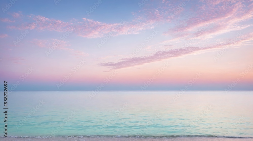 Obraz premium Serene ocean waves gently lapping against a tranquil beach under a pastel-hued sunset sky. Calming seascape with soft, pink and blue colors, perfect for relaxation and peaceful nature themes.