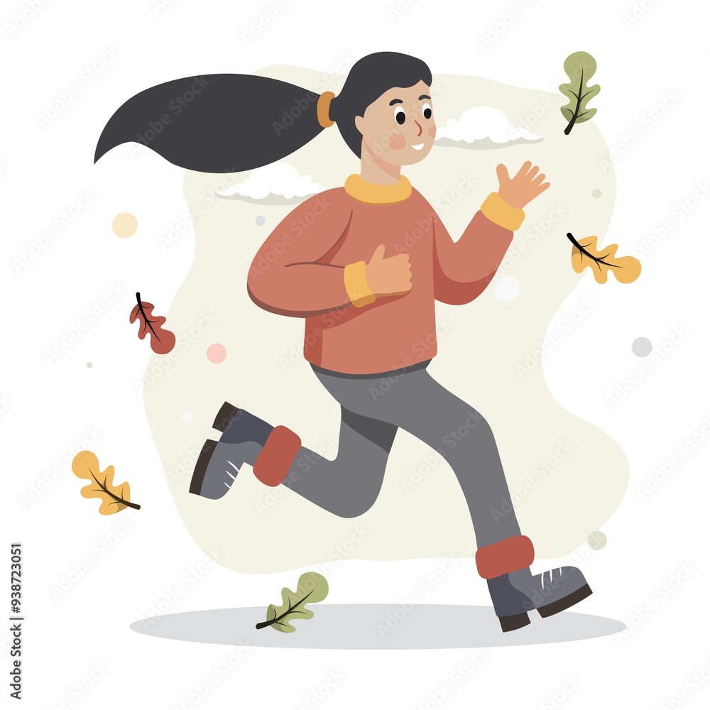 Running sporty woman in a jacket and warm clothes runs against background of autumn landscape Running sporty woman in a jacket and warm clothes runs against background of autumn landscape