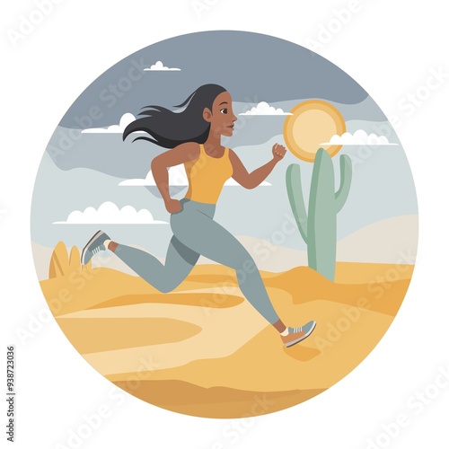 Woman running in sand desert. Sun, cloudy sky, cactus Saguaro, rocks