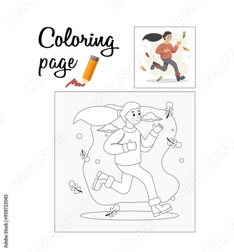 Running sporty woman runs against background of autumn landscape. Coloring page