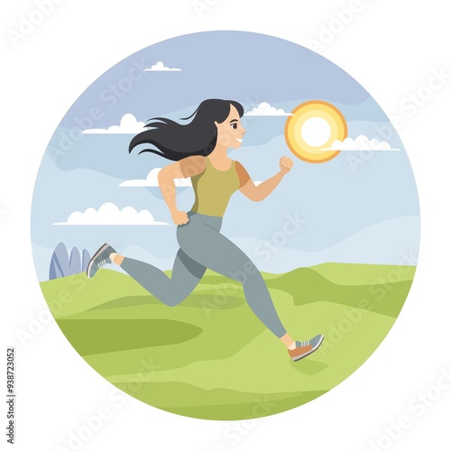 Young fit woman is running in nature. Sun, blue cloudy sky, green grass, rocks