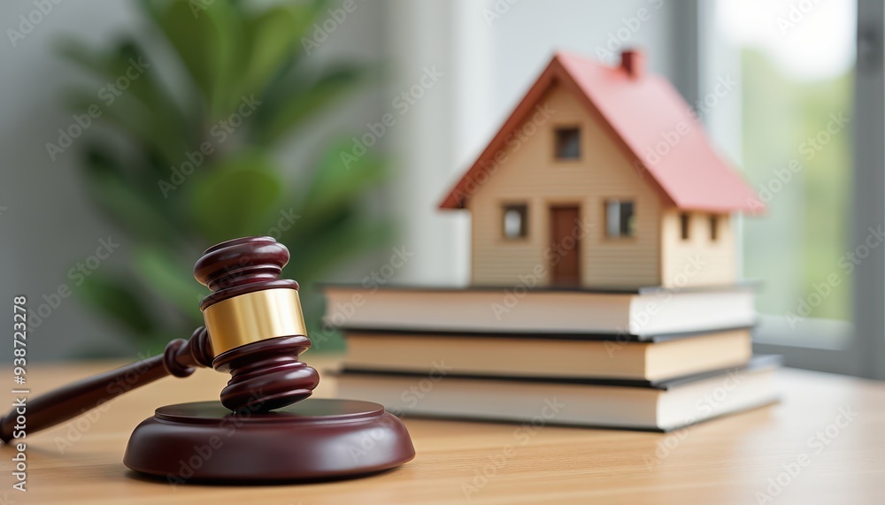 A judge's gavel lying next to a model house on top of a stack of books, suggesting a legal decision related to real estate or property law. A judge's gavel lying next to a model house on top of a stack of books, suggesting a legal decision related to real estate or property law.
