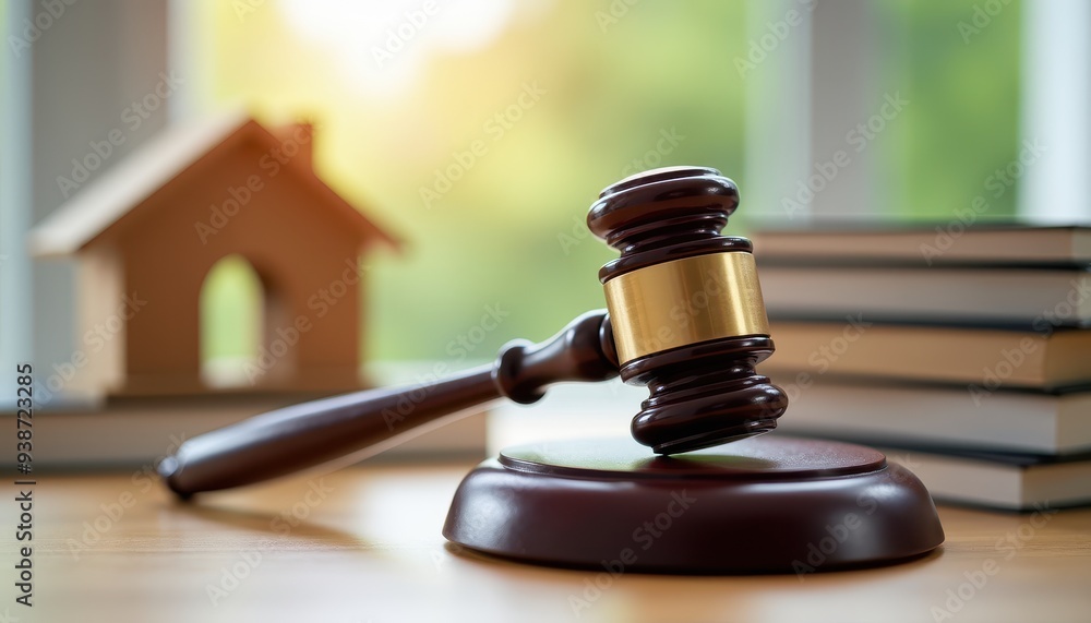 A gavel placed on a sound block, with books and a small house model in the background, symbolizing law and real estate concepts. A gavel placed on a sound block, with books and a small house model in the background, symbolizing law and real estate concepts.