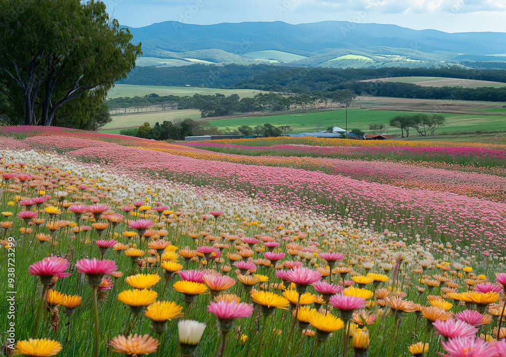 A colorful field of flowers with vibrant pink, orange, and yellow petals extending into the distance with a backdrop of rolling green hills and blue mountains under a clouded sky. A colorful field of flowers with vibrant pink, orange, and yellow petals extending into the distance with a backdrop of rolling green hills and blue mountains under a clouded sky.
