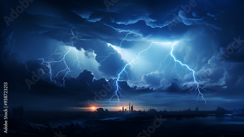 A dark sky with some lightning bolts shining through, ideal for use in images about nature, weather or dramatic scenes 