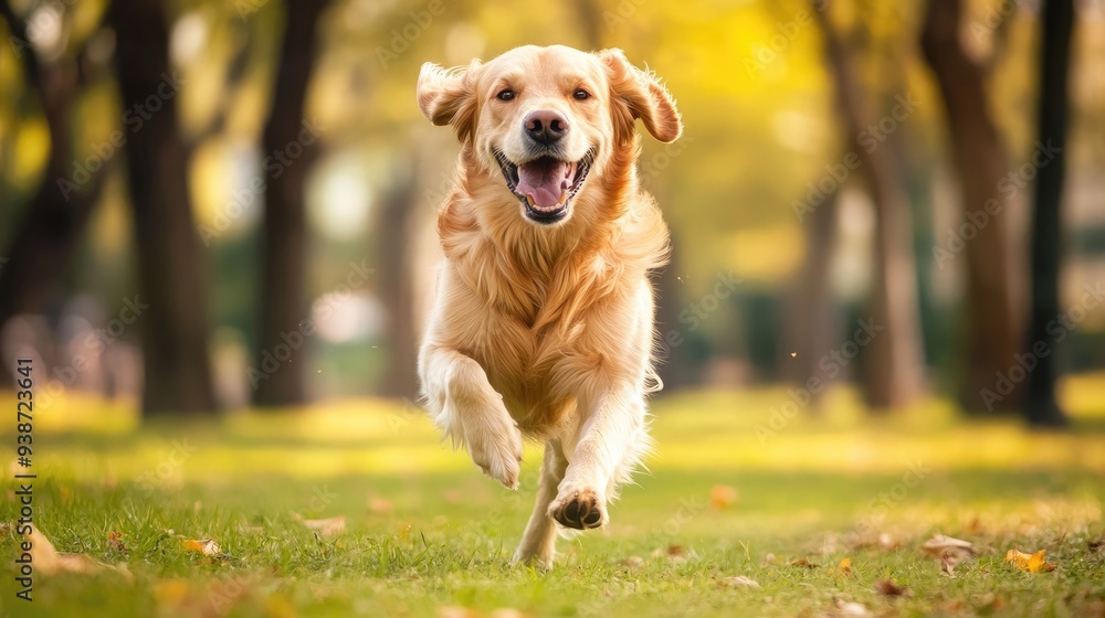 Golden retriever running through a park with a joyful expression, playful pet and outdoor fun, nature adventure captured with space for text Golden retriever running through a park with a joyful expression, playful pet and outdoor fun, nature adventure captured with space for text
