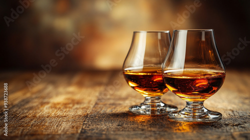 pair of glasses filled with whiskey rests on a rustic wooden background, capturing the essence of relaxation and indulgence in a classic, timeless setting