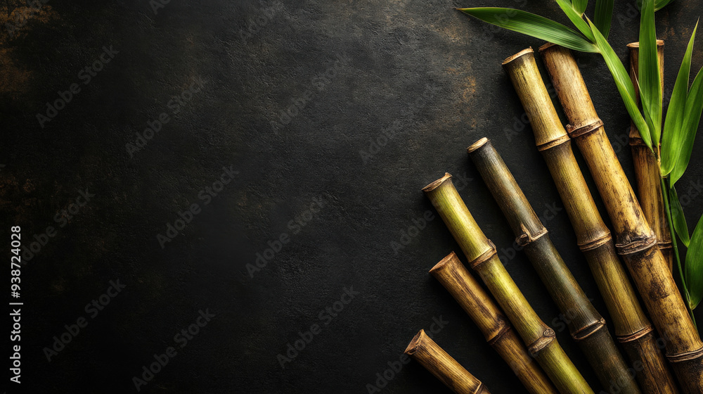 Bamboo stalks arranged diagonally on a matte black background, with simple lines and subtle textures, offering a sophisticated backdrop with room for text Bamboo stalks arranged diagonally on a matte black background, with simple lines and subtle textures, offering a sophisticated backdrop with room for text