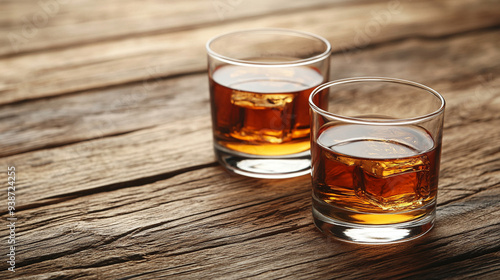 pair of glasses filled with whiskey rests on a rustic wooden background, capturing the essence of relaxation and indulgence in a classic, timeless setting