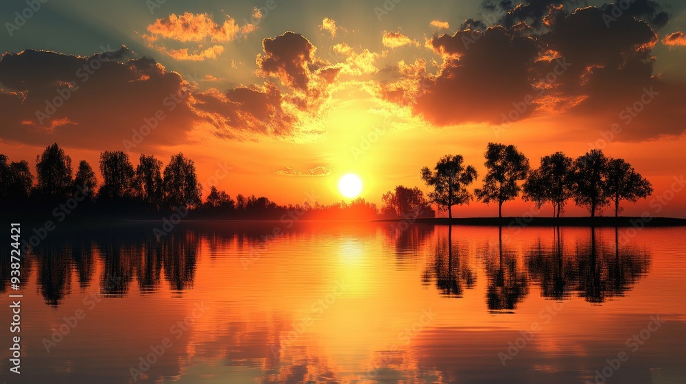 Obraz premium Golden sunset over a tranquil lake, silhouetted trees reflecting on the water, peaceful summer evening with warm colors in the sky