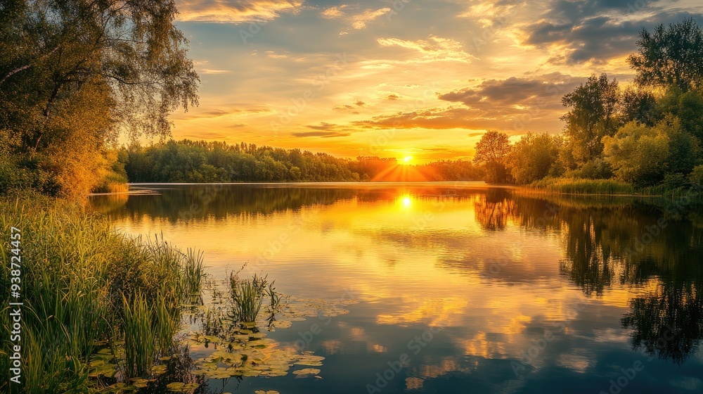 Golden sunset reflected on a tranquil lake, peaceful nature scene and evening tranquility, scenic view Golden sunset reflected on a tranquil lake, peaceful nature scene and evening tranquility, scenic view