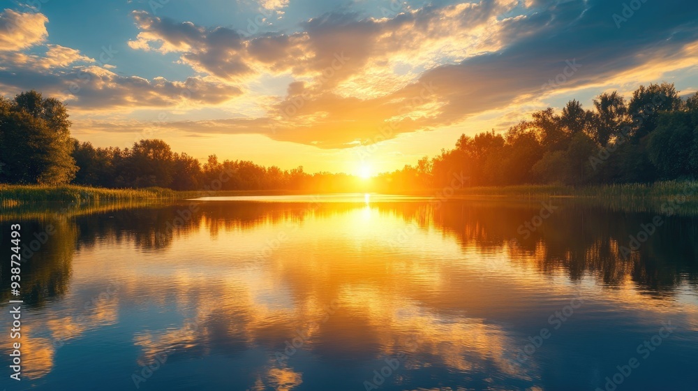 Fototapeta premium Golden sunset reflected on a tranquil lake, peaceful nature scene and evening tranquility, scenic view