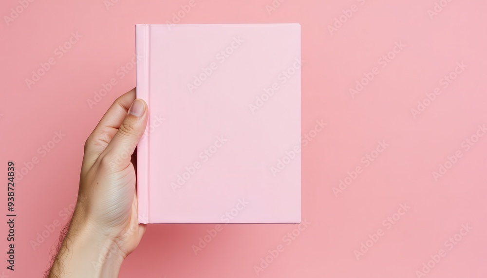 Fototapeta premium A person's hand holding a closed pink hardcover book against a matching pink background, creating a clean and minimalistic look.