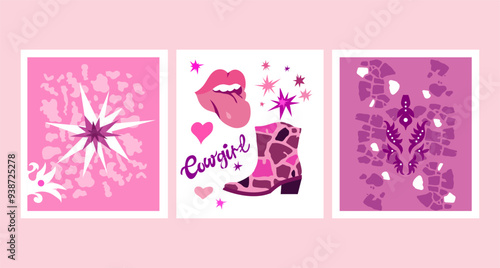 Set of pink cowgirl boots with different patterns Cowboy western and Wild West style Vector hand drawn retro vintage illustration