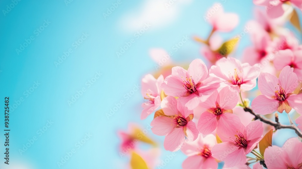 Obraz premium Pink cherry blossoms against a bright blue sky, vibrant spring flowers and cheerful nature scene, colorful outdoor beauty