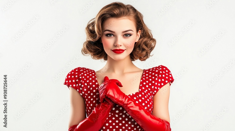 Pin up woman portrait. Beautiful retro female in polka dot dress with red lips and old fashion hairstyle Pin up woman portrait. Beautiful retro female in polka dot dress with red lips and old fashion hairstyle
