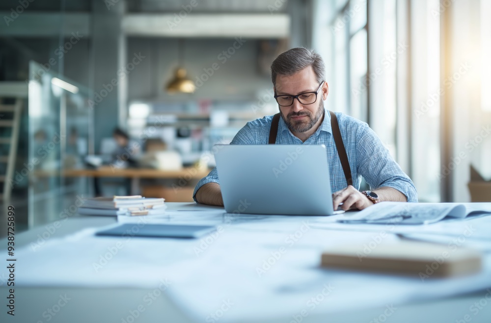 Focused businessman working on laptop in modern office, surrounded by documents, demonstrating productivity and dedication. Focused businessman working on laptop in modern office, surrounded by documents, demonstrating productivity and dedication.