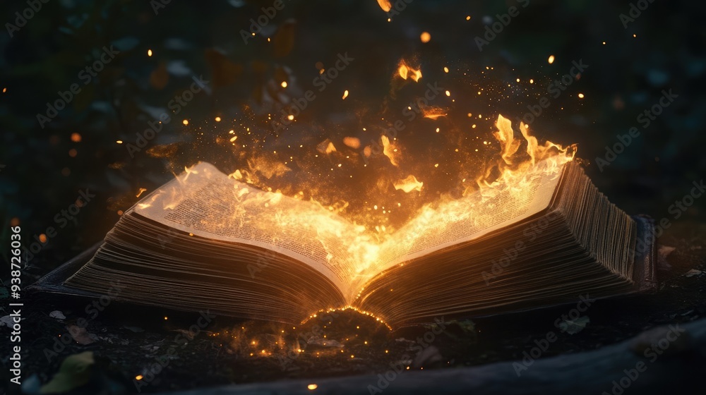 Book of Magic Burning with Elemental Fusion in an Enchanting Twilight Scen Book of Magic Burning with Elemental Fusion in an Enchanting Twilight Scen