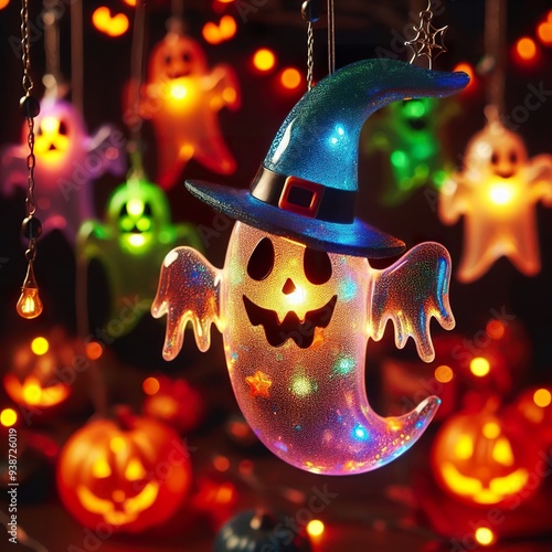 Glowing colorful glass halloween ghost hanging light at night