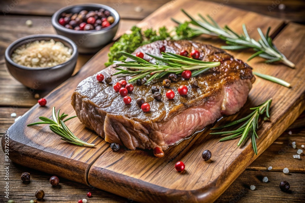 A piece of meat with pepper and rosemary on top of it A piece of meat with pepper and rosemary on top of it