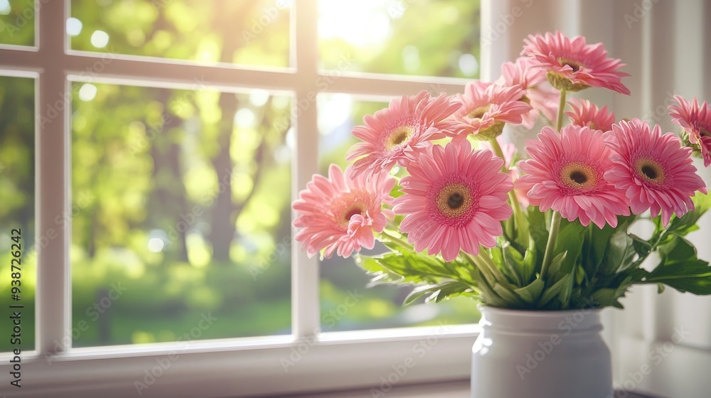 Pink gerbera daisies in a bright room, cheerful floral arrangement and sunny day, vibrant and joyful home decor Pink gerbera daisies in a bright room, cheerful floral arrangement and sunny day, vibrant and joyful home decor