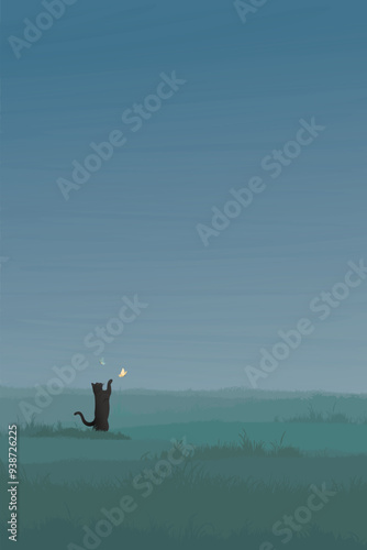 Minimalist grass field landscape with a cat playing with butterfly graphic illustration have blank space.