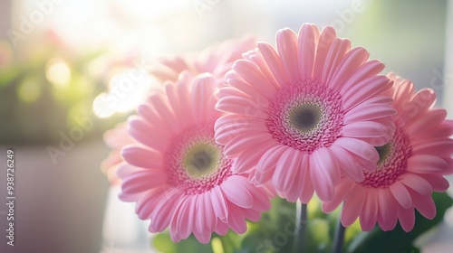 Pink gerbera daisies in a bright room, cheerful floral arrangement and sunny day, vibrant and joyful home decor