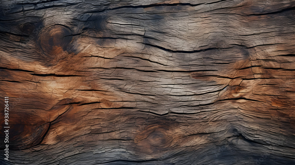 Naklejka premium Weathered Wood Texture with Deep Cracks and Knots, Rustic Background