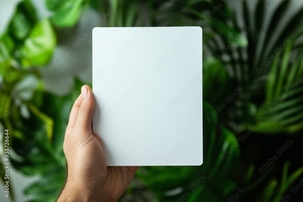 Close-up of a hand holding a blank white tablet against a backdrop of vibrant green plants. Perfect for advertising and technology concepts. Close-up of a hand holding a blank white tablet against a backdrop of vibrant green plants. Perfect for advertising and technology concepts.