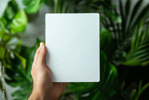 Close-up of a hand holding a blank white tablet against a backdrop of vibrant green plants. Perfect for advertising and technology concepts.