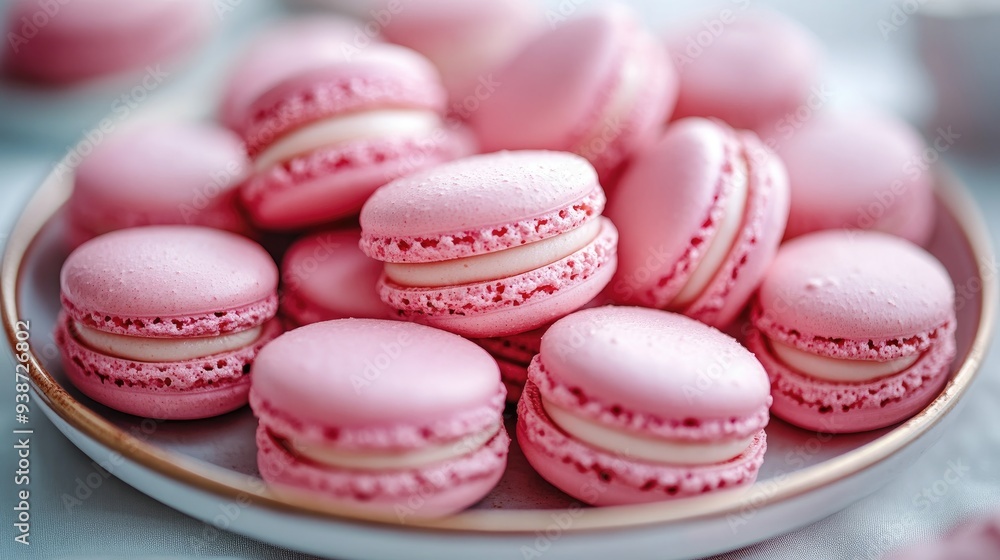 Pink macarons neatly arranged on a plate, delicious French pastries and sweet treats, elegant dessert presentation Pink macarons neatly arranged on a plate, delicious French pastries and sweet treats, elegant dessert presentation