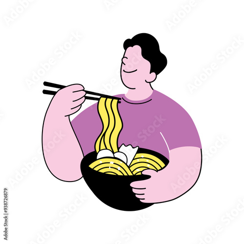 Illustration of man people eating ramen udon or noodle, japanese and korean favorite food
