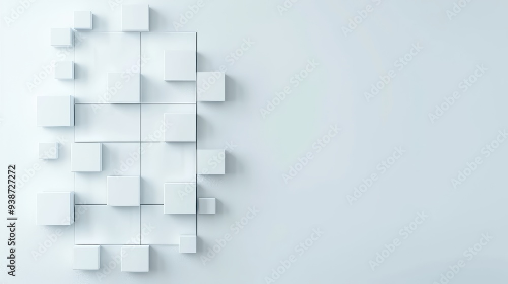 Modern abstract wall design featuring white geometric cubes in varying sizes arranged asymmetrically against a minimalist pale backdrop, creating a striking visual contrast. Modern abstract wall design featuring white geometric cubes in varying sizes arranged asymmetrically against a minimalist pale backdrop, creating a striking visual contrast.