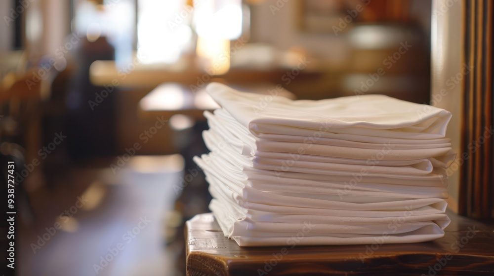 Stack of White Napkins in a Restaurant Setting Stack of White Napkins in a Restaurant Setting
