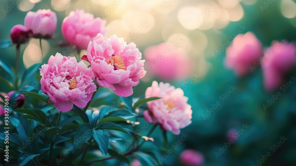 Pink peonies in full bloom on a sunny day, vibrant flowers and lush green leaves, summer nature beauty captured Pink peonies in full bloom on a sunny day, vibrant flowers and lush green leaves, summer nature beauty captured