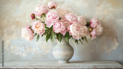 Pink peonies in a vintage vase on a rustic table, romantic floral decor and soft light, elegant and timeless home setting