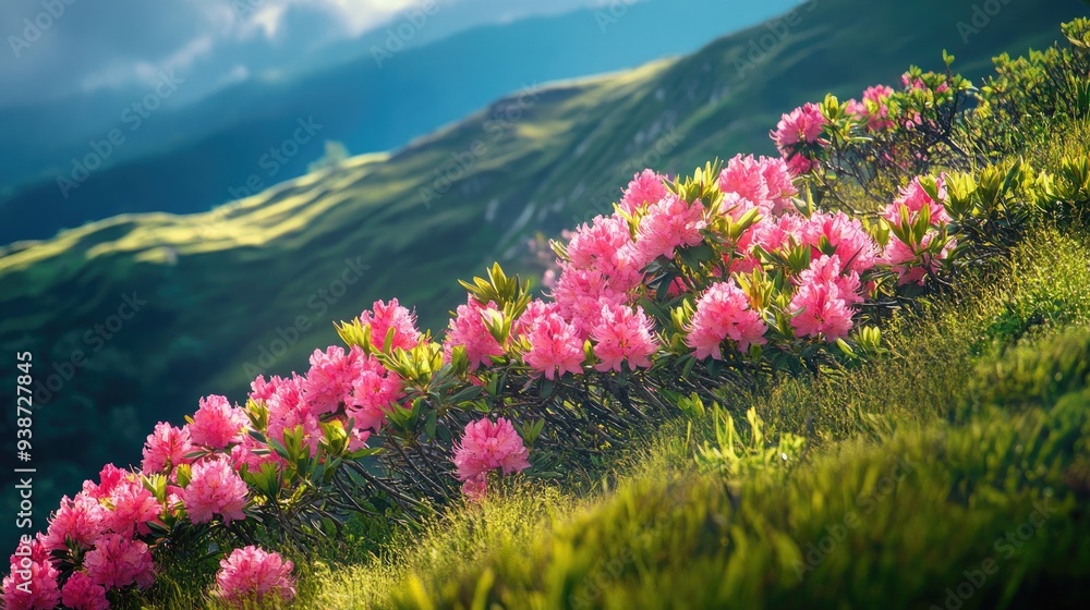 Obraz premium Pink rhododendrons in full bloom on a hillside, vibrant spring flowers and lush greenery, scenic nature landscape
