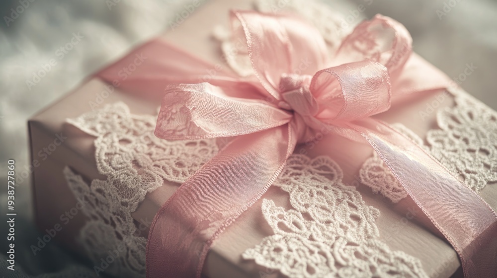 Pink ribbon and delicate lace on a gift box, elegant and feminine wrapping, special occasion and thoughtful present Pink ribbon and delicate lace on a gift box, elegant and feminine wrapping, special occasion and thoughtful present