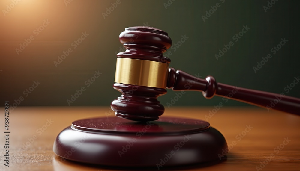 A wooden gavel with a golden band rests on a sound block, symbolizing justice and legal authority in a courtroom setting. A wooden gavel with a golden band rests on a sound block, symbolizing justice and legal authority in a courtroom setting.