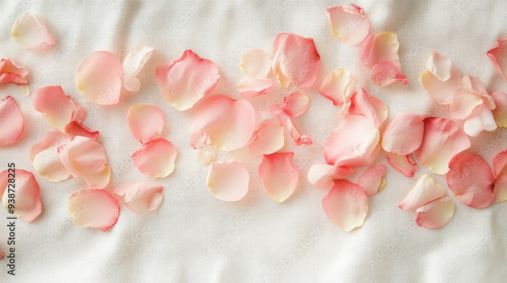 Obraz premium Pink rose petals scattered on a white tablecloth, romantic and elegant decor, soft and delicate floral arrangement -