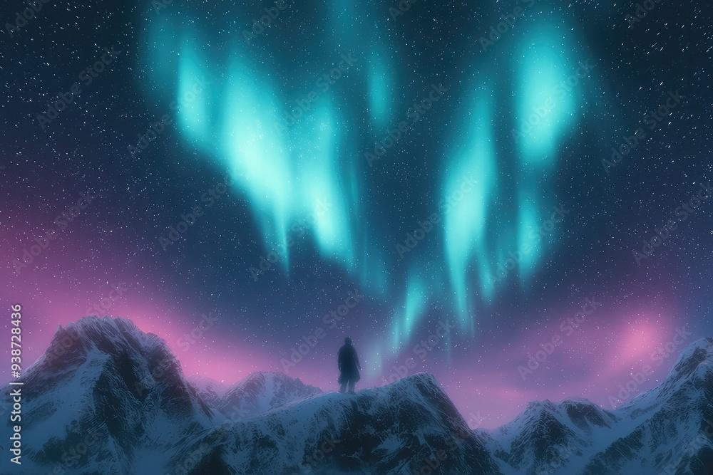 Fototapeta premium Person admiring stunning northern lights in a mystical landscape