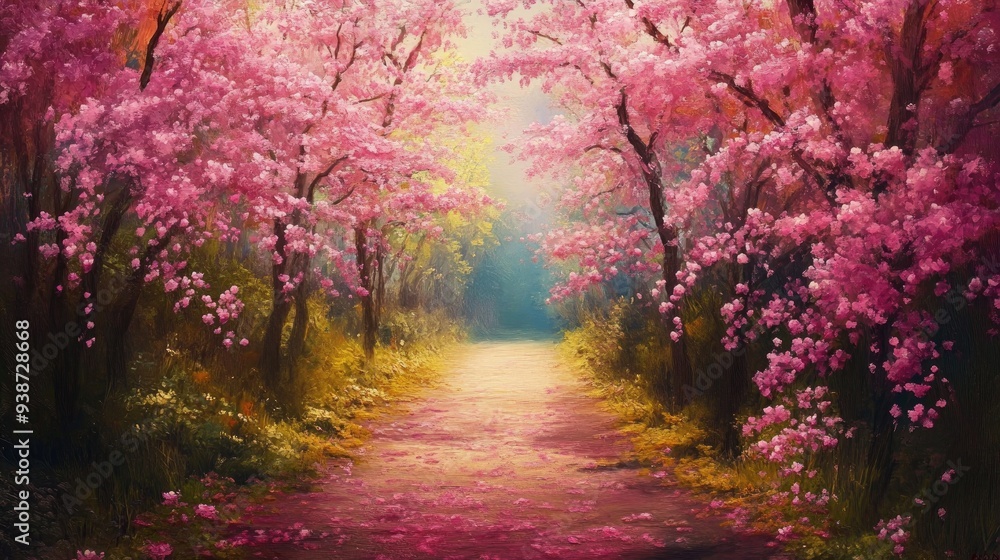 Pink sakura blossoms lining a quiet path, peaceful spring walk and vibrant floral scene, serene and colorful nature Pink sakura blossoms lining a quiet path, peaceful spring walk and vibrant floral scene, serene and colorful nature
