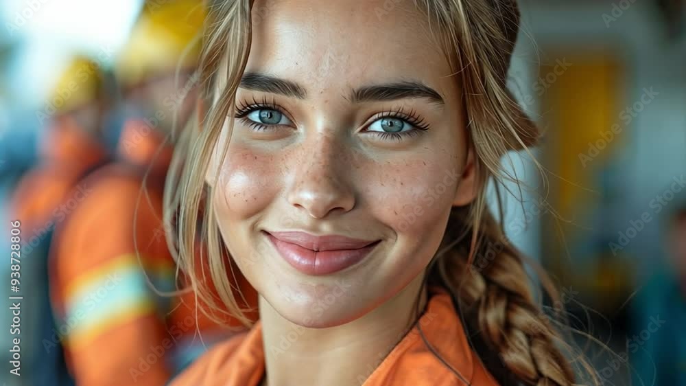 A happy female paramedic faces the camera, while the ambulance crew is in the background. A happy female paramedic faces the camera, while the ambulance crew is in the background.