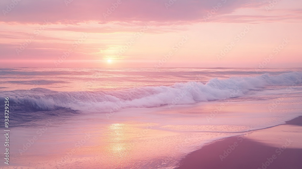 Pink sunset over a calm ocean with gentle waves, serene beach scene and warm evening light, peaceful coastal retreat Pink sunset over a calm ocean with gentle waves, serene beach scene and warm evening light, peaceful coastal retreat