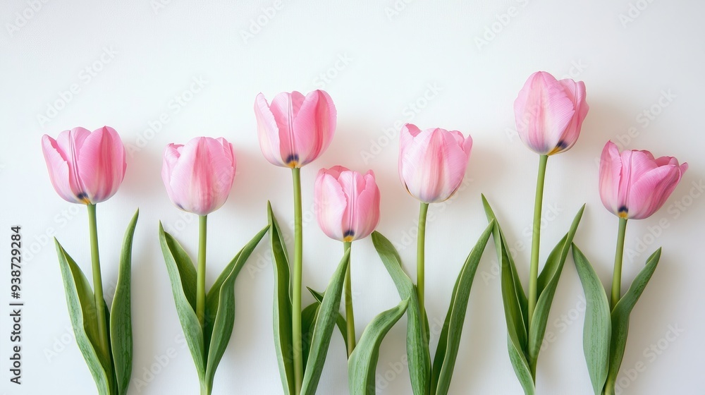 Pink tulips in a row on a white background, simple and elegant floral arrangement, minimalistic and chic decor Pink tulips in a row on a white background, simple and elegant floral arrangement, minimalistic and chic decor