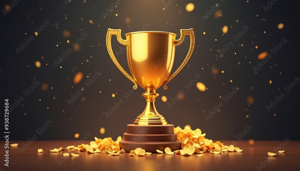 A golden trophy on a dark background surrounded by scattered golden confetti, symbolizing victory and celebration. A golden trophy on a dark background surrounded by scattered golden confetti, symbolizing victory and celebration.