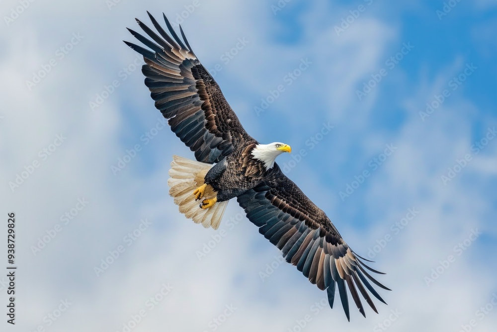 Obraz premium Bald eagle gliding with wings outstretched against a clear blue sky, capturing its powerful flight and detailed feather patterns. ai