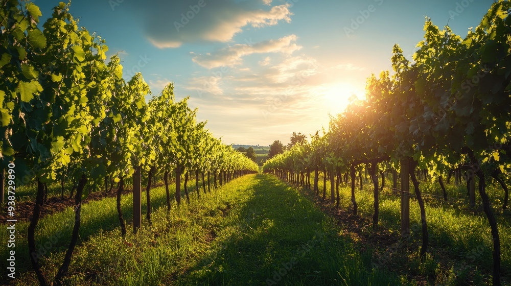Naklejka premium Sunlit vineyard with rows of grapevines stretching into the distance, lush green leaves and ripening grapes, warm summer day in the countryside